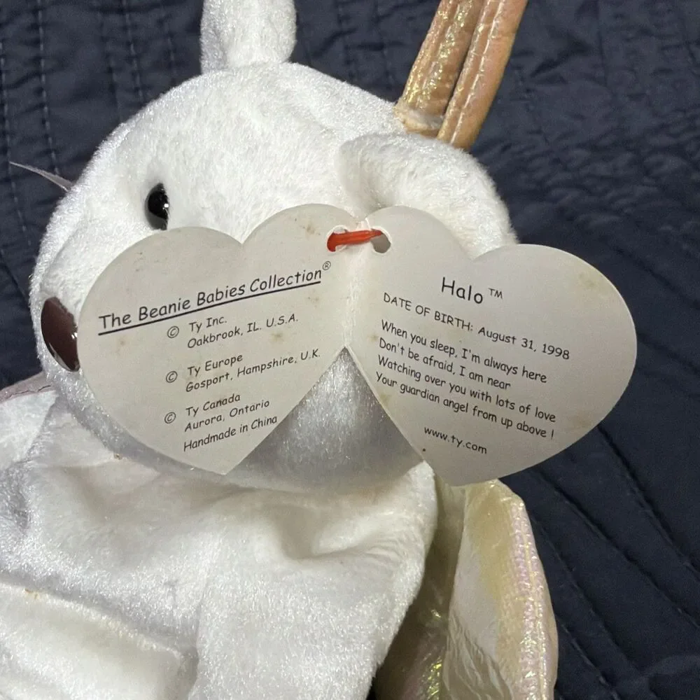 Ty Beanie Baby Halo Angel Bear 1998 DOB White Plush w/ Hang Tag Retired